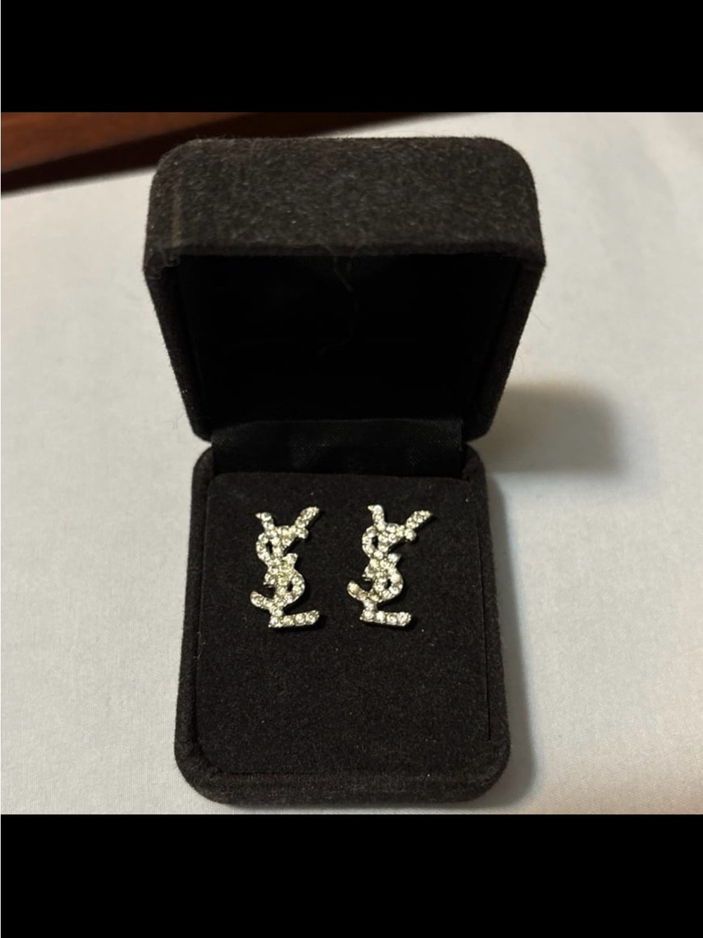YSL Crystal Logo Stud Earrings in Silver